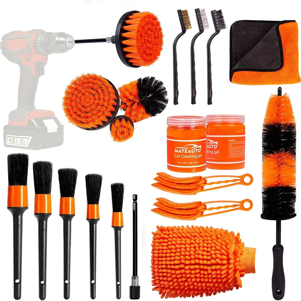 Car Detailing Brush Set,20Pcs Drill Brush Set,Car Interior Detailing Kit & Car Wash Kit with Boar Hair Detail Brush and Cleaning Gel for Wheel,Dashboard,Air Vent,Leather and Exterior