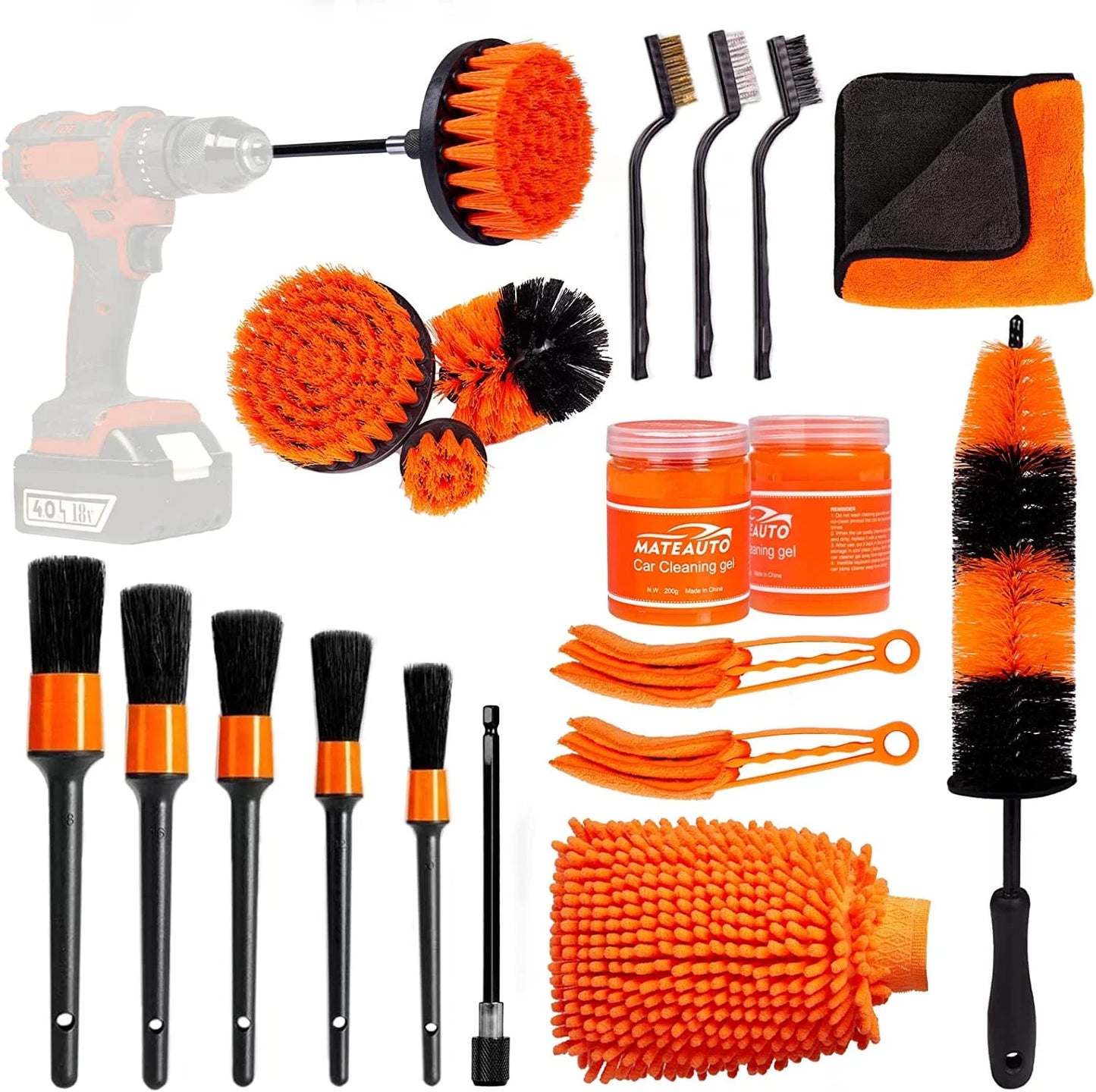 Car Detailing Brush Set,20Pcs Drill Brush Set,Car Interior Detailing Kit & Car Wash Kit with Boar Hair Detail Brush and Cleaning Gel for Wheel,Dashboard,Air Vent,Leather and Exterior